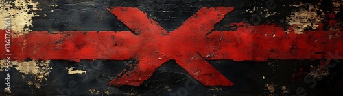 A bold red cross and line design on a textured black surface