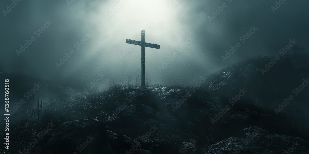 Naklejka premium Cross stands alone on a foggy hilltop at dawn, symbolizing hope and remembrance in a haunting atmosphere