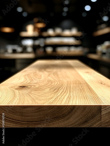 Empty light wood table in blurred cafe background.