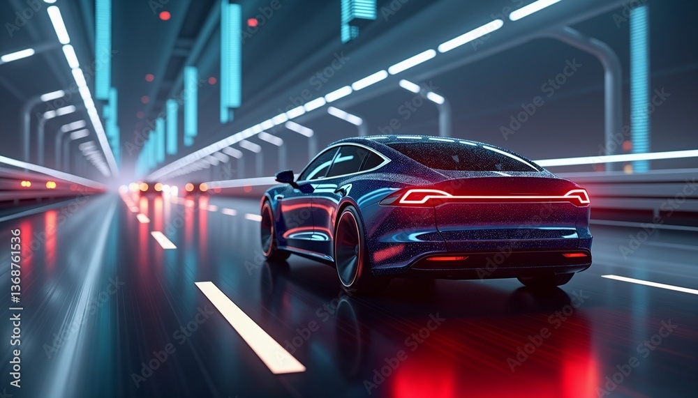 Naklejka premium Luxury electric sedan driving through futuristic illuminated tunnel