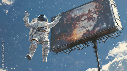 A weightless astronaut drifting beyond a metallic billboard into the stars. Weightless Drift. Illustration