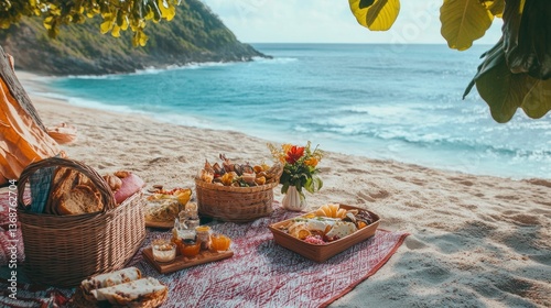 Fototapeta Naklejka Na Ścianę i Meble -  Seaside picnic indulgence, A coastal escape with delicacies and tranquility
