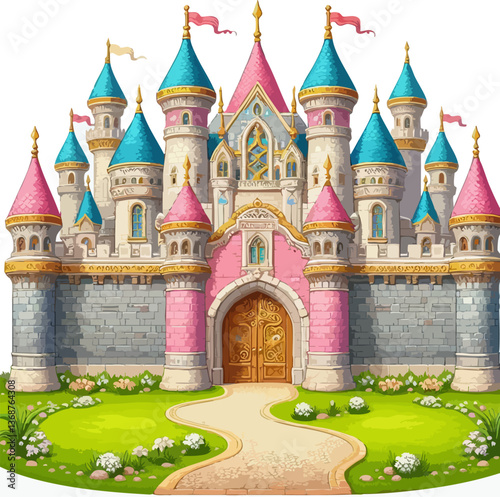 Fairytale landscape with castle. Fantasy palace tower, fantastic fairy house or magic castles kingdom cartoon vector. Old medieval stone tale castle architecture building cartoon vector background.