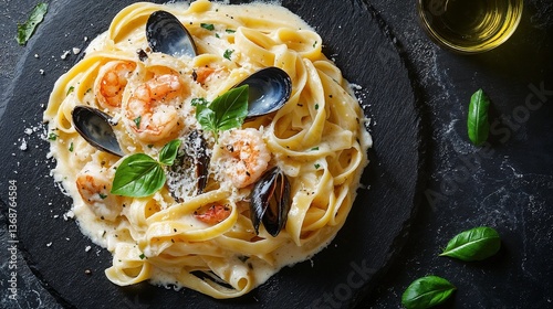 Creamy seafood fettuccine on a dark textured surface, elegant presentation, Italian cuisine with basil
