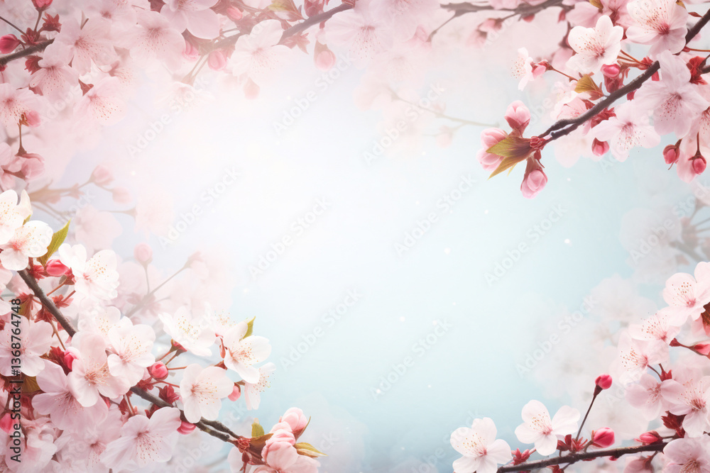 Fototapeta premium Blooming apricot flowers. Spring background on blue background copy space flat lay mock up.