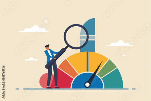 Benchmark performance or KPI key performance indicator, metrics or measurement to measure success, result evaluation, analysis or comparison concept, businessman magnify benchmark metric graph scale.