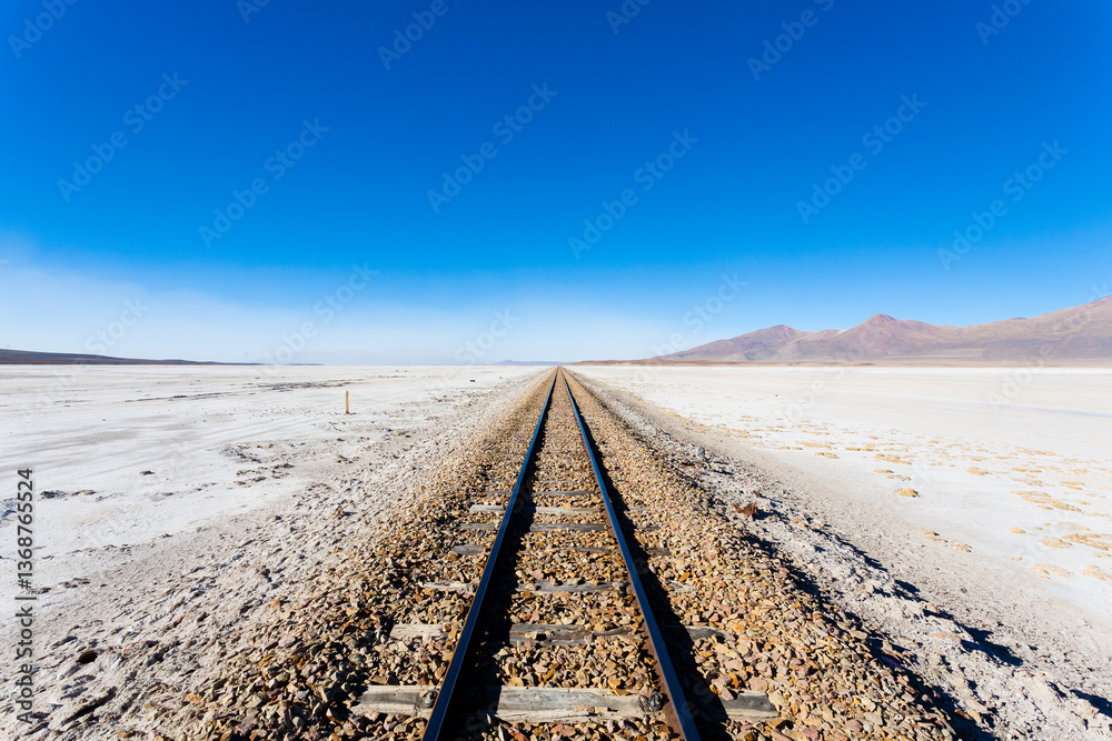 Train tracks on Bolivian salar