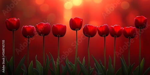Row of red tulips at sunset.