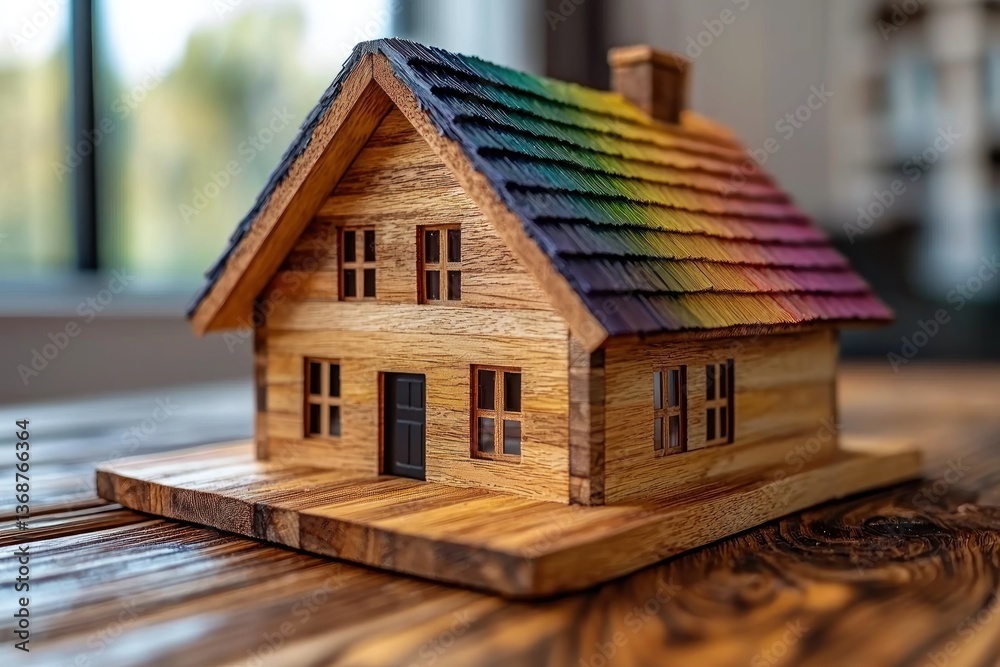 Colorful roof miniature wooden house model on wooden table. Colorful roof miniature wooden house model on wooden table.