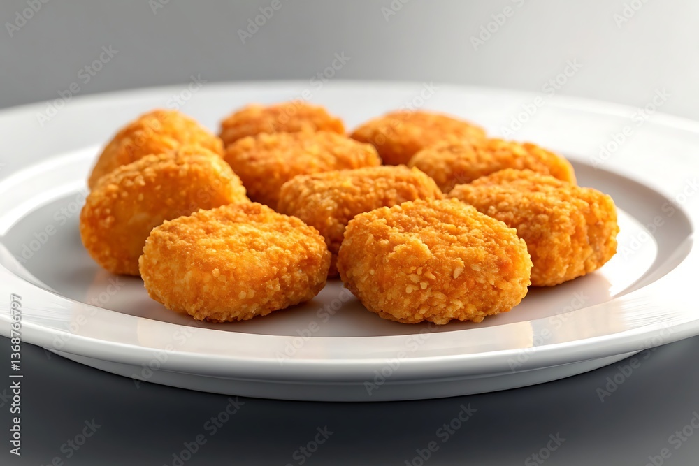 Golden-brown crispy chicken nuggets arranged on a pristine white plate, a tempting display of savory snack perfection with warm lighting and smooth, clean background. Golden-brown crispy chicken nuggets arranged on a pristine white plate, a tempting display of savory snack perfection with warm lighting and smooth, clean background.