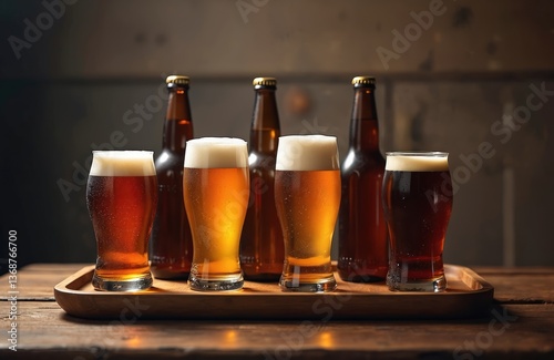 Illustration features several glasses of beer, bottles on wooden tray table. Refreshing drinks with foam bubbles. Different ales, lagers served in pub, bar. Alcoholic beverage, cold drink, crisp,