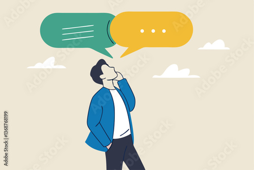Second opinion, suggestion or advice to consider, reason or logical thinking, information to make decision or judgement concept, businessman think from listening to second opinion and make decision.