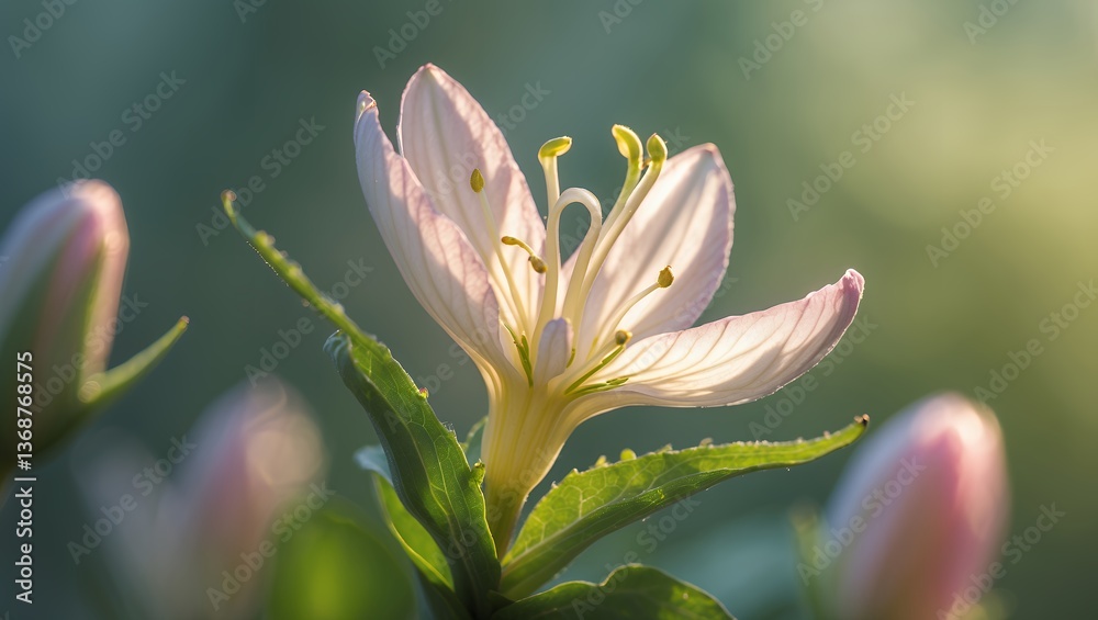 Fototapeta premium Close-up of delicate, pink-tinged flower with soft petals in natural light