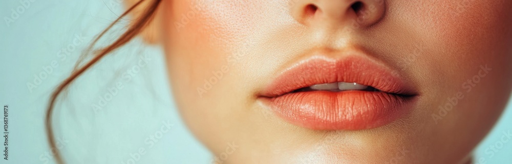 Fototapeta premium This stunning close-up showcases a woman's lips adorned with coral lip color, emphasizing soft textures and a natural glow. The image radiates beauty and elegance.