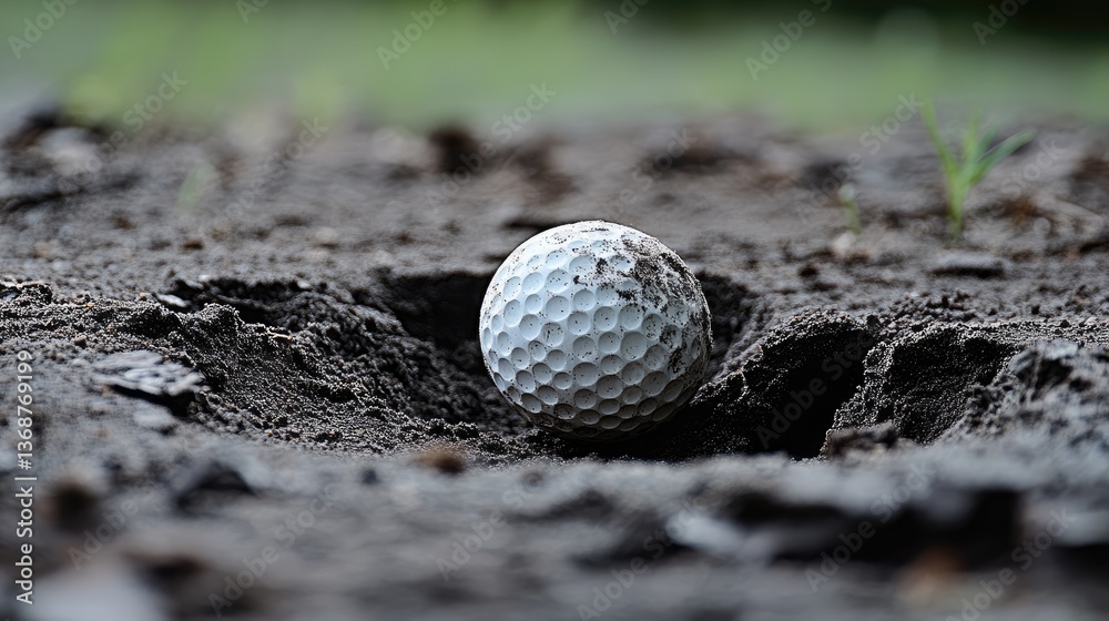 A Dirty Golf Ball Half-Buried in the Sand A Dirty Golf Ball Half-Buried in the Sand