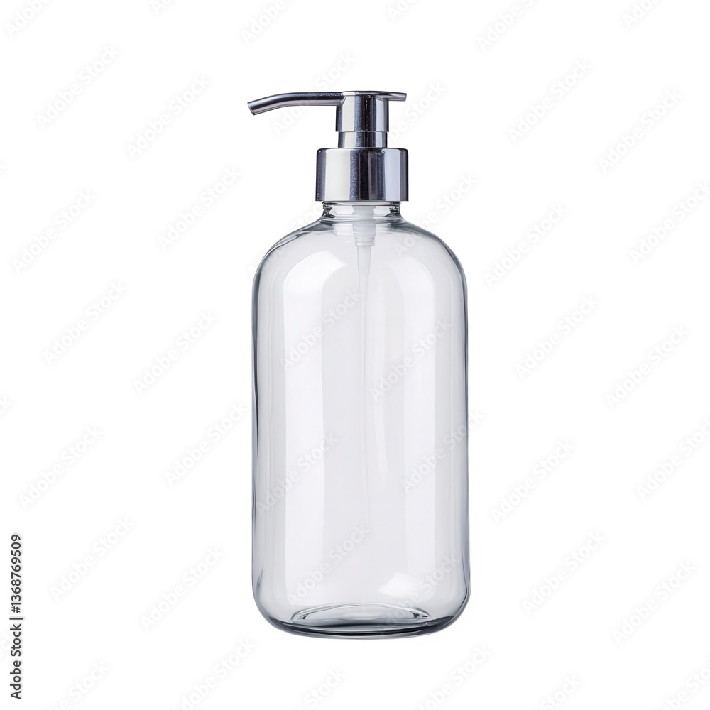 Glass dispenser bottle with silver pump on a white background suitable for various uses such as soaps, lotions, and oils, perfect for home decor or professional settings