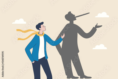 Honesty or trust, liar, fake or business fraud, integrity or telling the truth, false information, cheating or hiding the truth concept, dishonesty businessman lying with Pinocchio long nose shadow.
