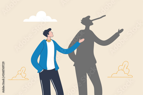 Honesty or trust, liar, fake or business fraud, integrity or telling the truth, false information, cheating or hiding the truth concept, dishonesty businessman lying with Pinocchio long nose shadow.