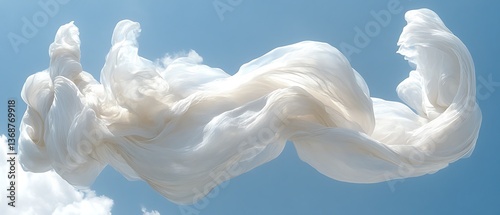 White fabric flowing in the wind against a blue sky.