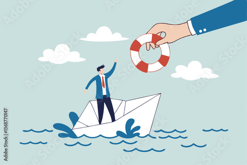 Rescue business from crisis, bankruptcy or misfortune, help, support or assistance, lifebuoy to secure in danger, survival or insurance concept, businessman help with lifebuoy on falling ship crisis.