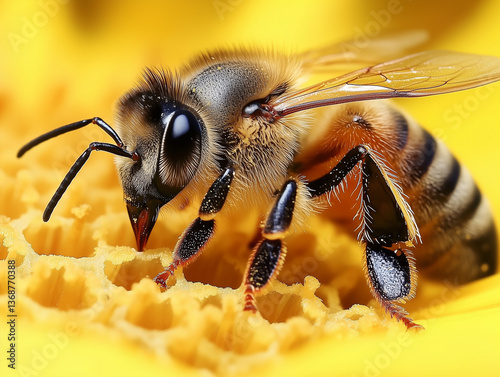 Wallpaper Mural Macro shot of a honeybee collecting pollen from a bright flower in a sunny garden during springtime Torontodigital.ca