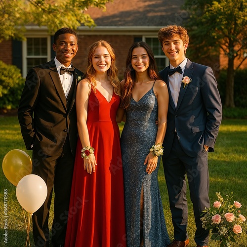 Smiling group of friends in formal prom attire posing outdoors on sunny evening with balloons