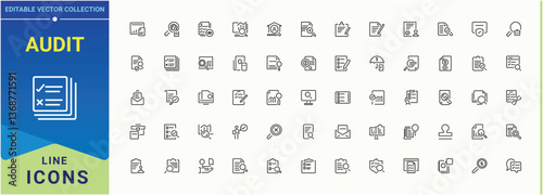 Audit icon. Related to magnify, assessment, finance, graph, check and more. Line icons with editable stroke. Inspect  related icon. Vector illustration. Pixel perfect.