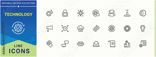 Technology line icon. Contains such symbols as optimization, engineering, tech, innovation and more. Automation line icon set. Line icons with editable stroke. Editable stroke. Vector collection.