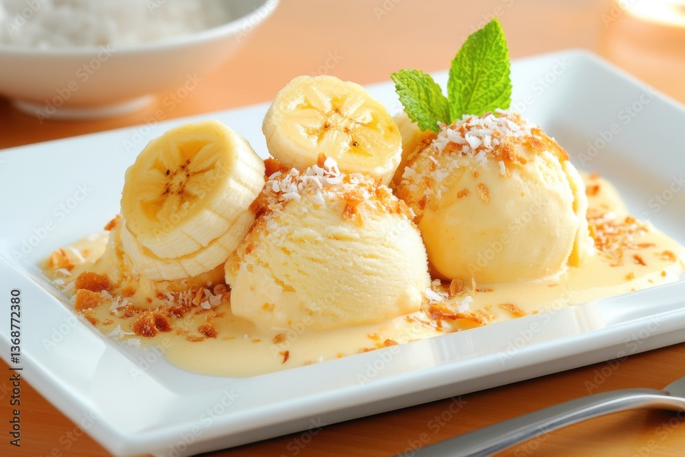Vanilla ice cream scoops, topped with banana slices, coconut flakes, and a custard sauce, garnished with mint sprig. Vanilla ice cream scoops, topped with banana slices, coconut flakes, and a custard sauce, garnished with mint sprig.