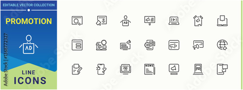 Promotion linear icon. Contains such symbols as mobile, market, online marketing, business, marketing. Advertising modern icon. UI icons set in a thin style. Editable stroke.
