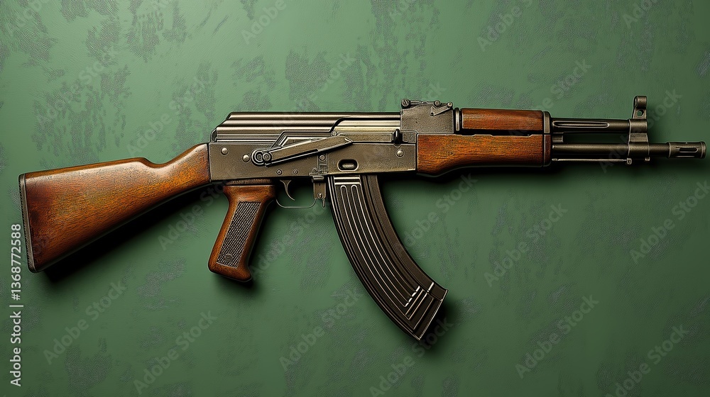 Fototapeta premium Ak 47 mounted on a green wall. Beautiful background. Military concept․