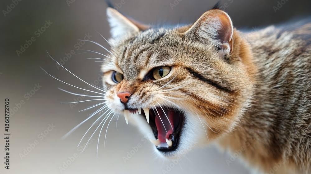 Naklejka premium Close-up of an angry cat hissing, showing its teeth and long whiskers, with a blurred background.
