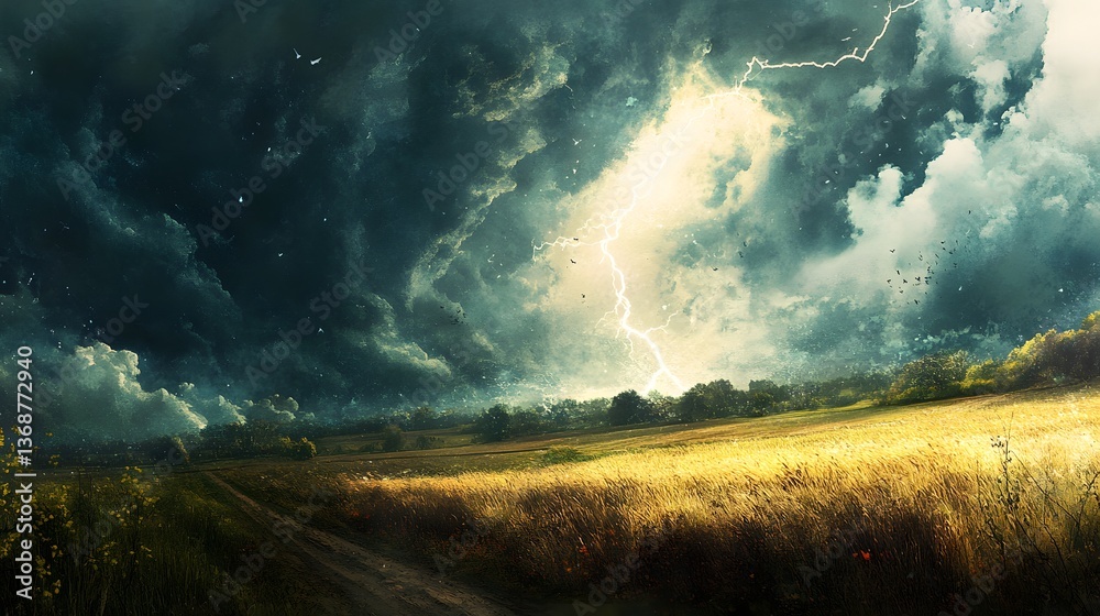 Fototapeta premium Dramatic Stormy Weather Landscape with Lightning and Dark Clouds