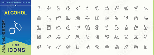 Alcohol vector icon set. Contains such icons as vodka, restaurant, martini, bar, beer, champagne and more. Outline icons pack. Wine icon set. Vector illustration in modern line style.