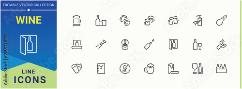 Wine related icon set. Contains related to whiskey, restaurant, beverage, beer and more. Alcohol icon set. Modern vector UI icons. Pixel perfect. Editable vector.