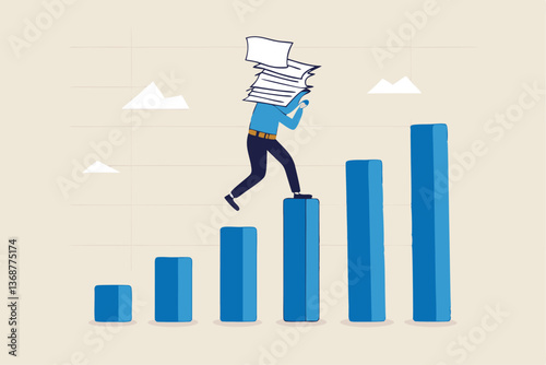 Effort or hard work to success, work burden or heavy pressure weight, challenge to climb career ladder, motivation or efficiency concept, businessman carry heavy document paper step on growth graph.