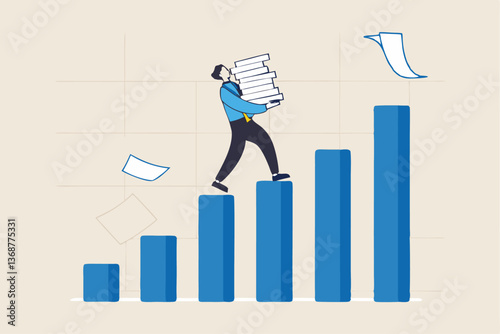 Effort or hard work to success, work burden or heavy pressure weight, challenge to climb career ladder, motivation or efficiency concept, businessman carry heavy document paper step on growth graph.