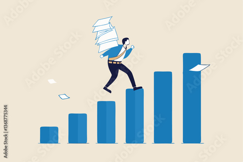 Effort or hard work to success, work burden or heavy pressure weight, challenge to climb career ladder, motivation or efficiency concept, businessman carry heavy document paper step on growth graph.