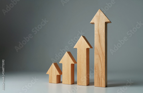 Wooden arrow blocks pointing upwards. Symbolic of growth progress. Concept of business strategy, career, success, financial rising. Gradual development. Unidirectional trend. Solid foundation,