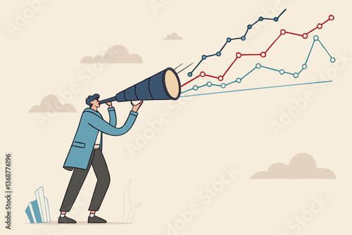 Forecast or prediction to see or analyze future opportunity, forwarding data analysis, leadership vision or discover investment plan concept, businessman look through telescope to see forecast chart.