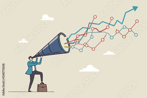 Forecast or prediction to see or analyze future opportunity, forwarding data analysis, leadership vision or discover investment plan concept, businessman look through telescope to see forecast chart.