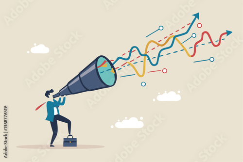 Forecast or prediction to see or analyze future opportunity, forwarding data analysis, leadership vision or discover investment plan concept, businessman look through telescope to see forecast chart.