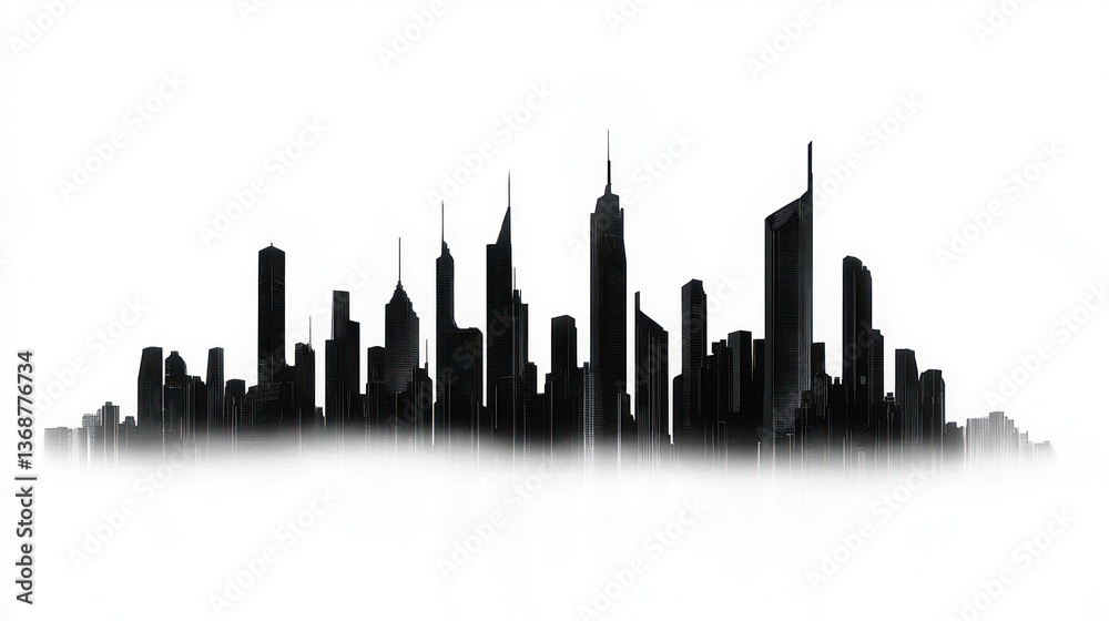 Silhouette of a Cityscape Against a Clear White Background with Fog Silhouette of a Cityscape Against a Clear White Background with Fog