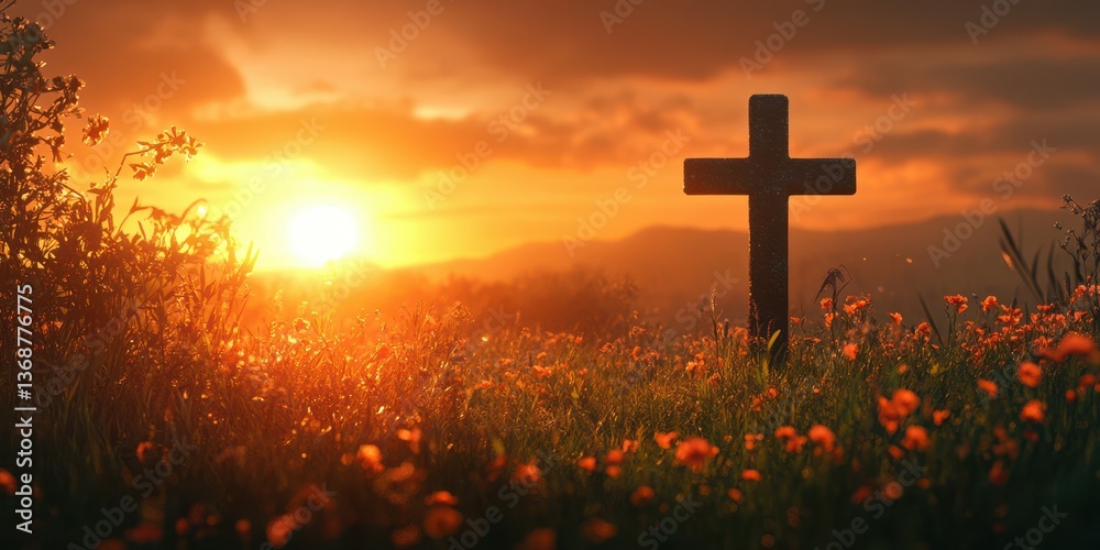 Sunset over a field with a cross and blooming flowers in the foreground Sunset over a field with a cross and blooming flowers in the foreground