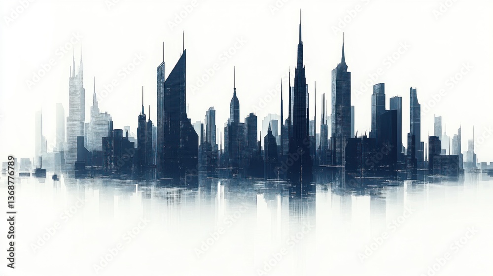 Naklejka premium Abstract cityscape silhouette with modern architecture against bright sky backdrop