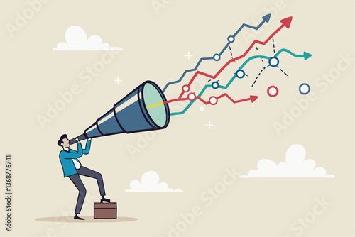 Forecast or prediction to see or analyze future opportunity, forwarding data analysis, leadership vision or discover investment plan concept, businessman look through telescope to see forecast chart.