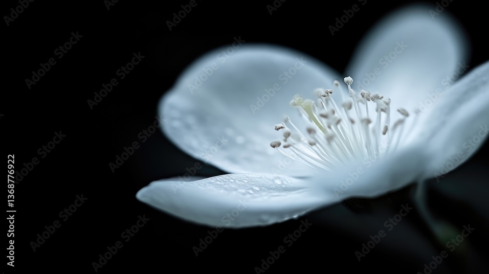 Fototapeta premium Close-up of a delicate, white flower with water droplets, in soft focus against a black background