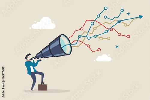 Forecast or prediction to see or analyze future opportunity, forwarding data analysis, leadership vision or discover investment plan concept, businessman look through telescope to see forecast chart.
