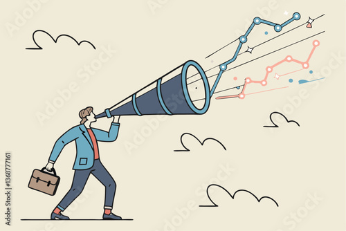 Forecast or prediction to see or analyze future opportunity, forwarding data analysis, leadership vision or discover investment plan concept, businessman look through telescope to see forecast chart.