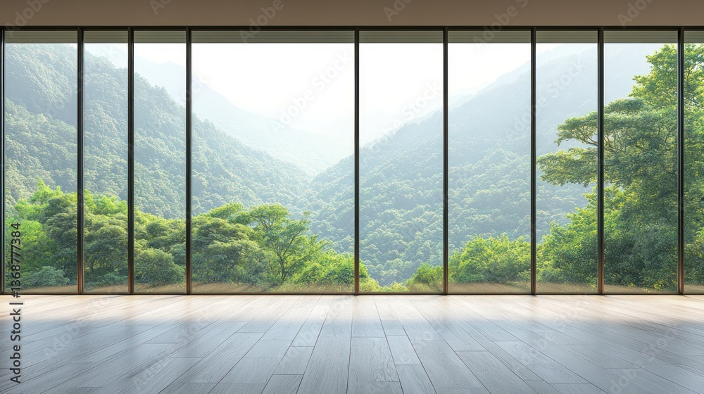 Naklejka premium Empty room interior with a large window and a green forest landscape view